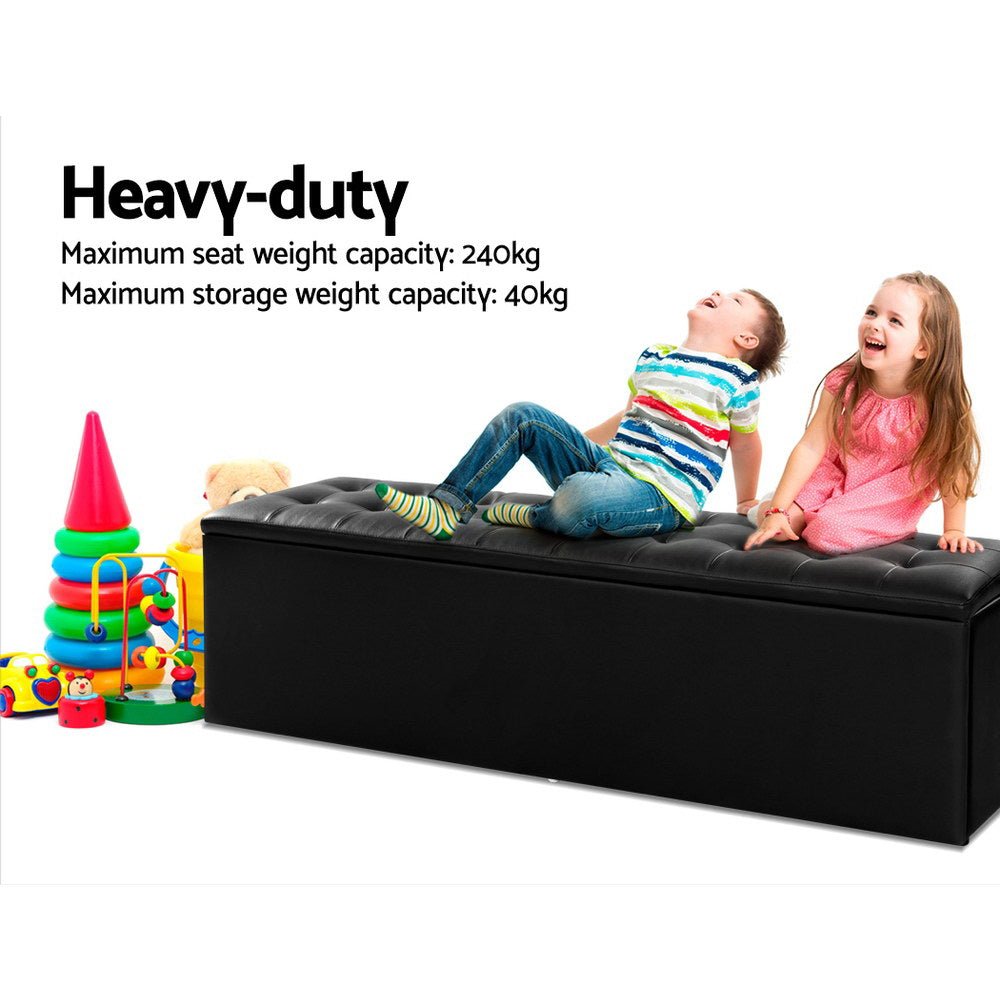 140cm Storage Ottoman Blanket Box - Black Leather - MiniMansion.com.au