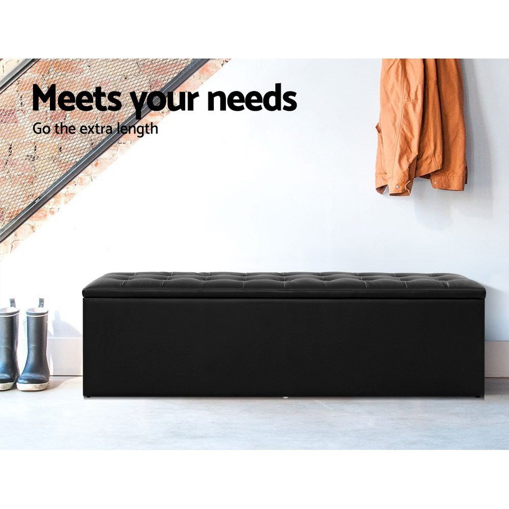 140cm Storage Ottoman Blanket Box - Black Leather - MiniMansion.com.au