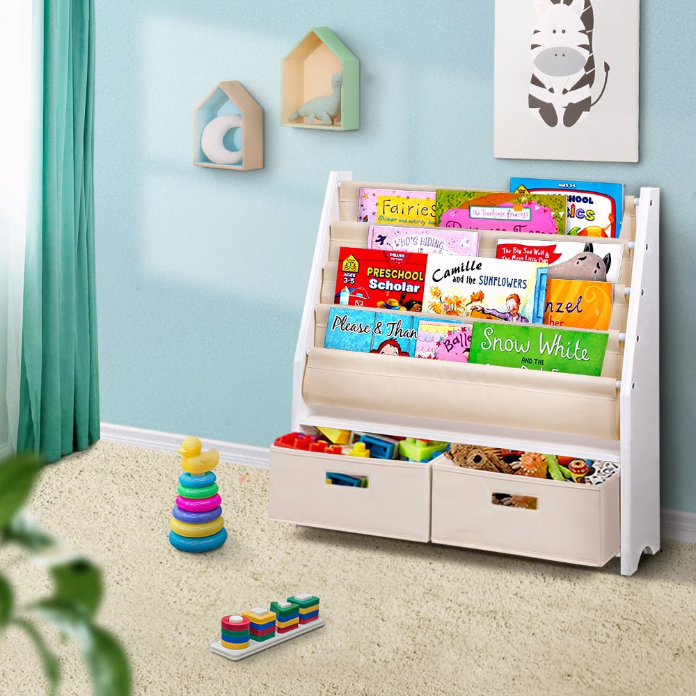 4 - Tier Children’s Bookshelf with Organiser Drawers - Stylish and Practical Storage Solution - MiniMansion.com.au