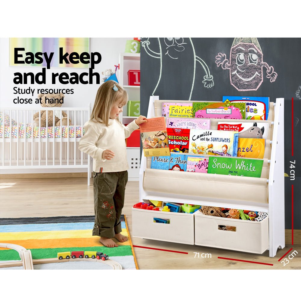 4 - Tier Children’s Bookshelf with Organiser Drawers - Stylish and Practical Storage Solution - MiniMansion.com.au