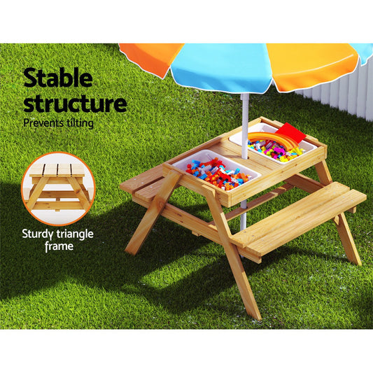 Kids Outdoor Table and Chairs Picnic Bench Set with Umbrella and Sand/Water Pit Box