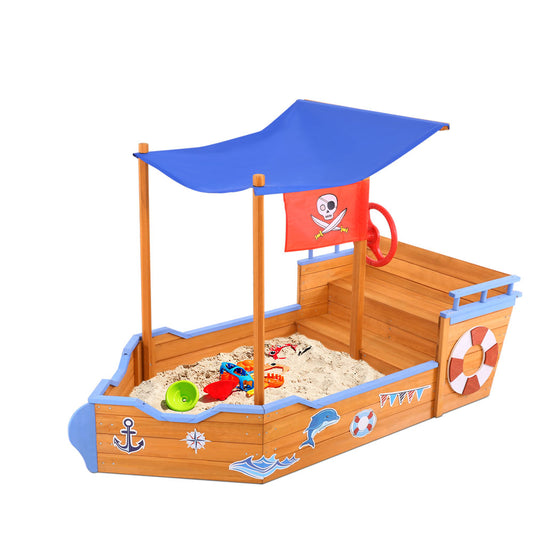 Kids Wooden Boat Sandpit with UV Canopy and Bench Seat – 165cm Outdoor Play Sandbox