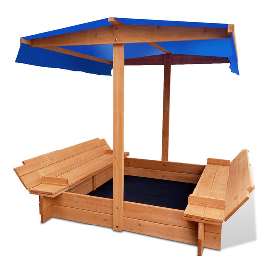 Kids Wooden Sandpit with Canopy and Foldable Seats – 120cm Sandbox for Outdoor Play