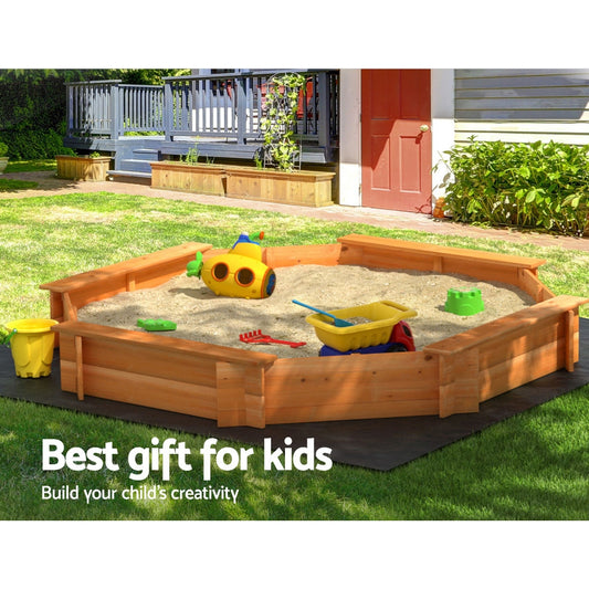 Octagon Wooden Sandpit with Bench Seat and Cover – 182cm